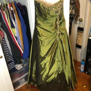 Strapless Olive green ball gown with beading